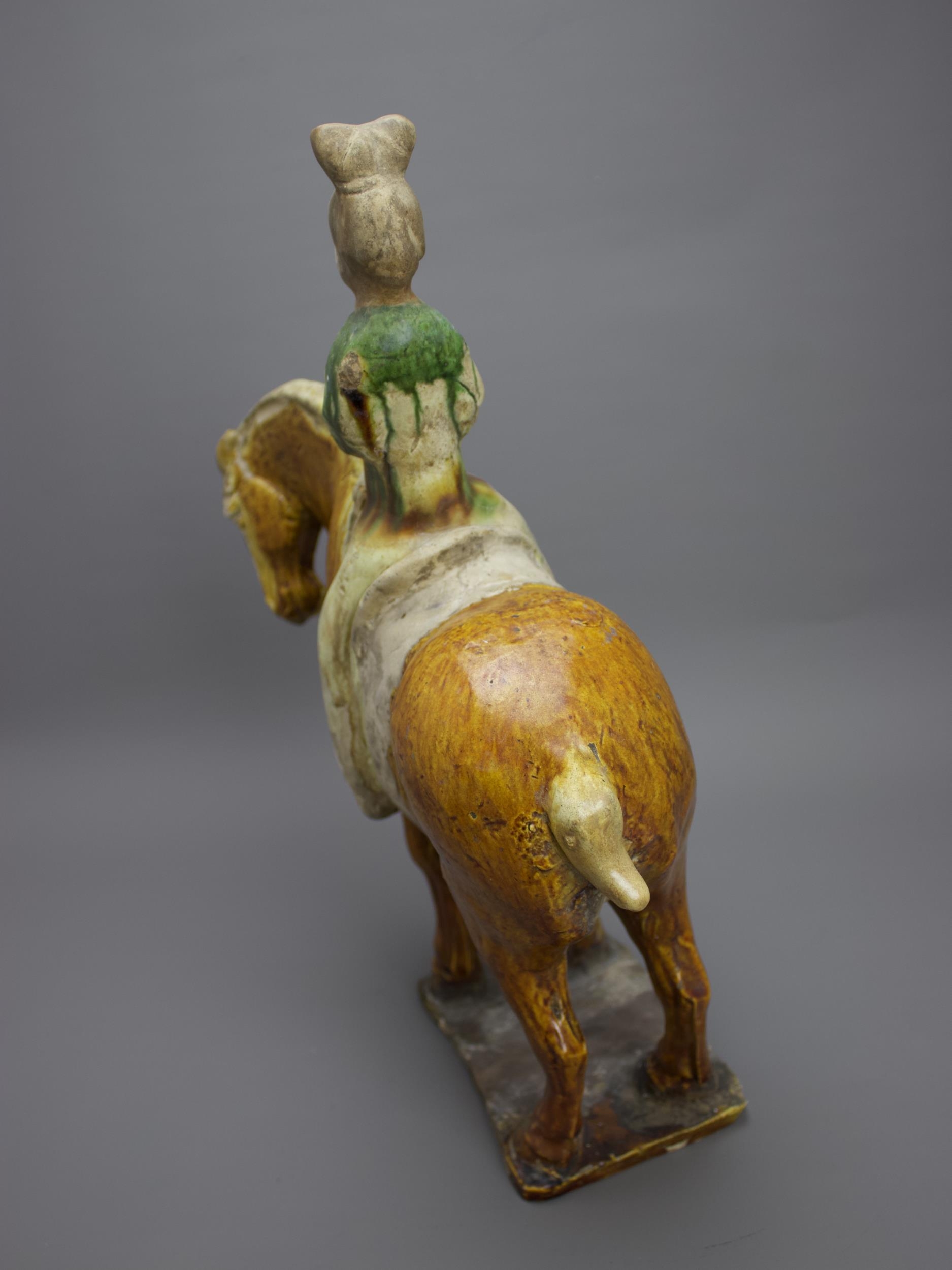 A handsome sancai pottery Equestrienne Group, Tang Dynasty - - H41cm L34cm - - the lady wearing a - Image 7 of 9