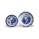 Two Blue and White plates,18th Century - - W 27.5cm and 21.5cm - - the larger with a basket of