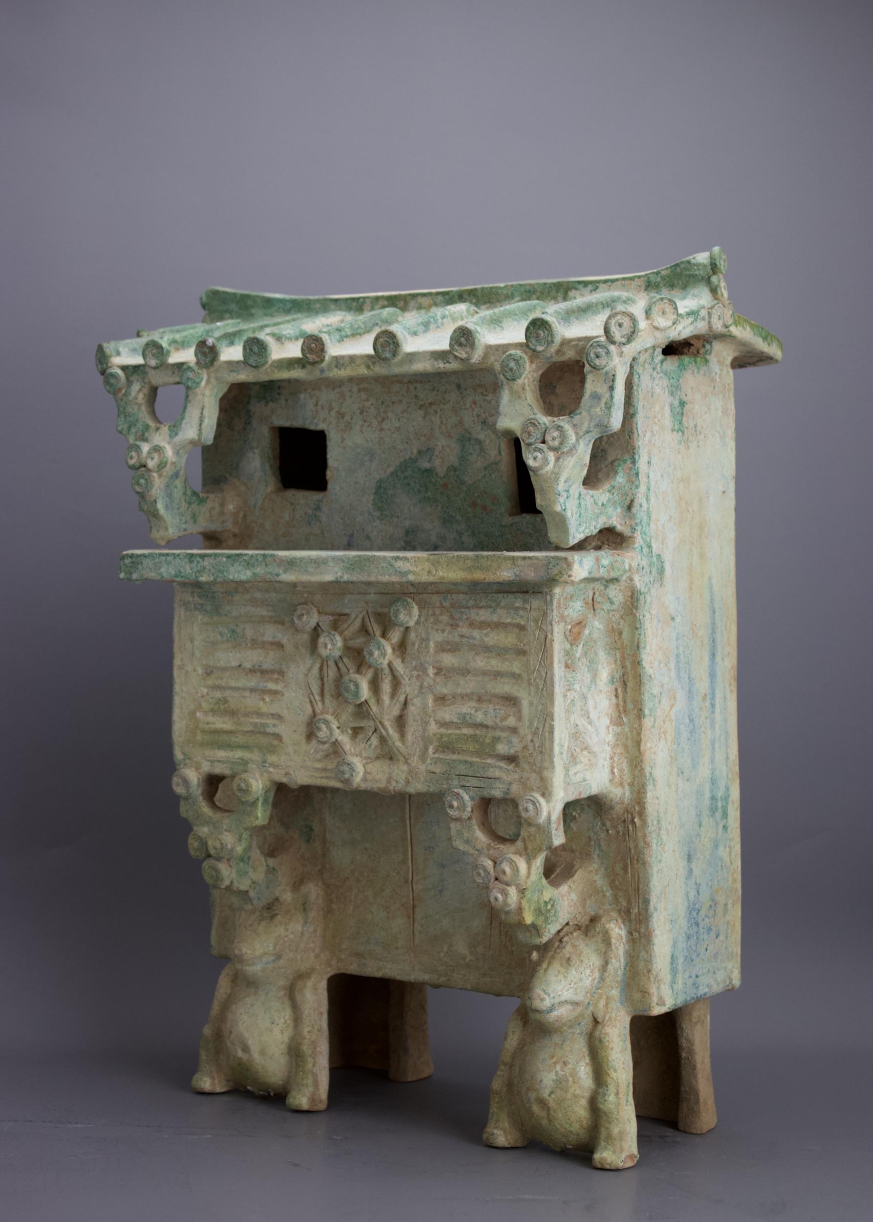A rare green glazed pottery Watchtower, Han Dynasty - - H 46cm W 34cm D 21.5cm - - raised on four - Image 3 of 8