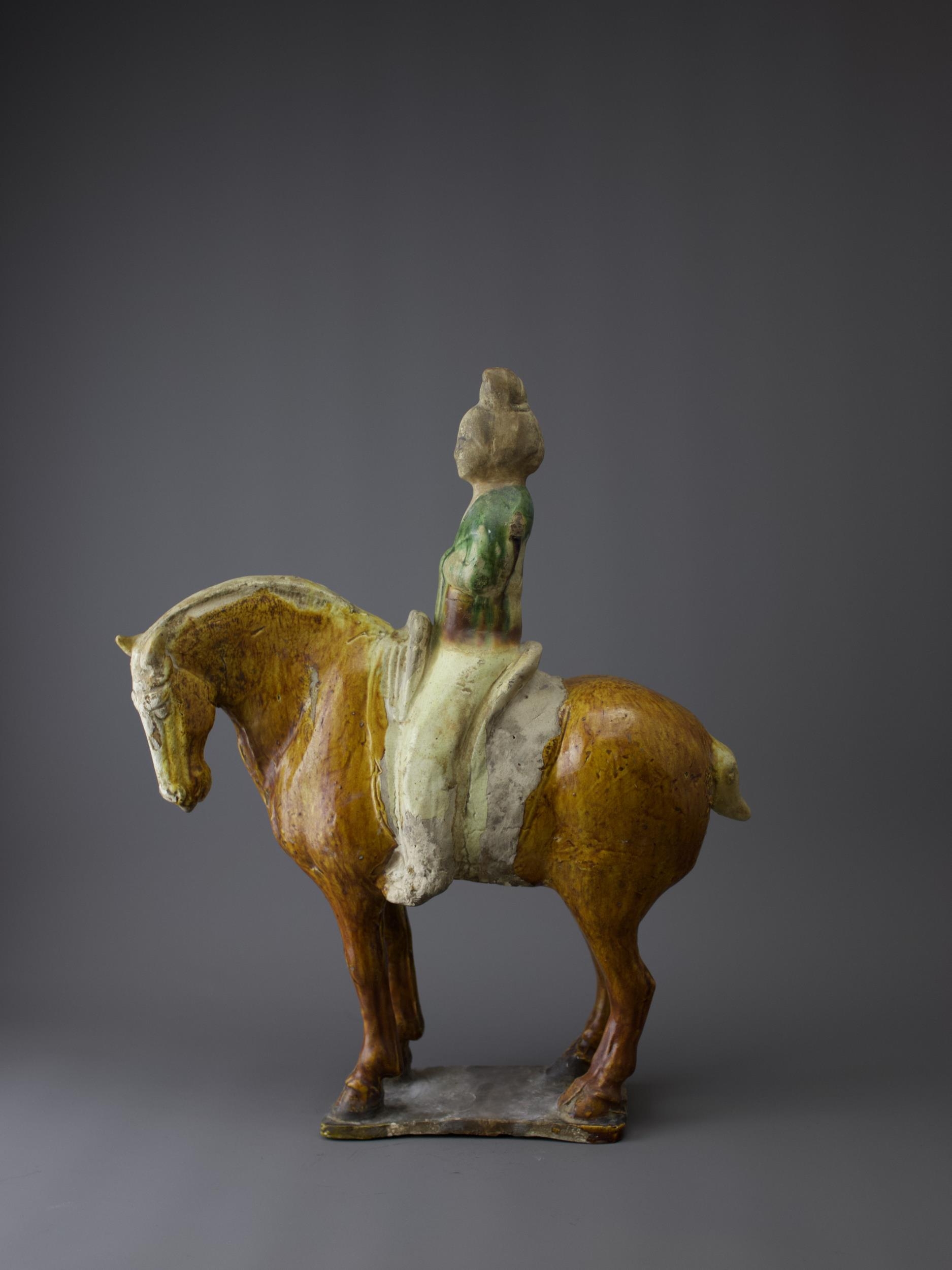 A handsome sancai pottery Equestrienne Group, Tang Dynasty - - H41cm L34cm - - the lady wearing a - Image 9 of 9