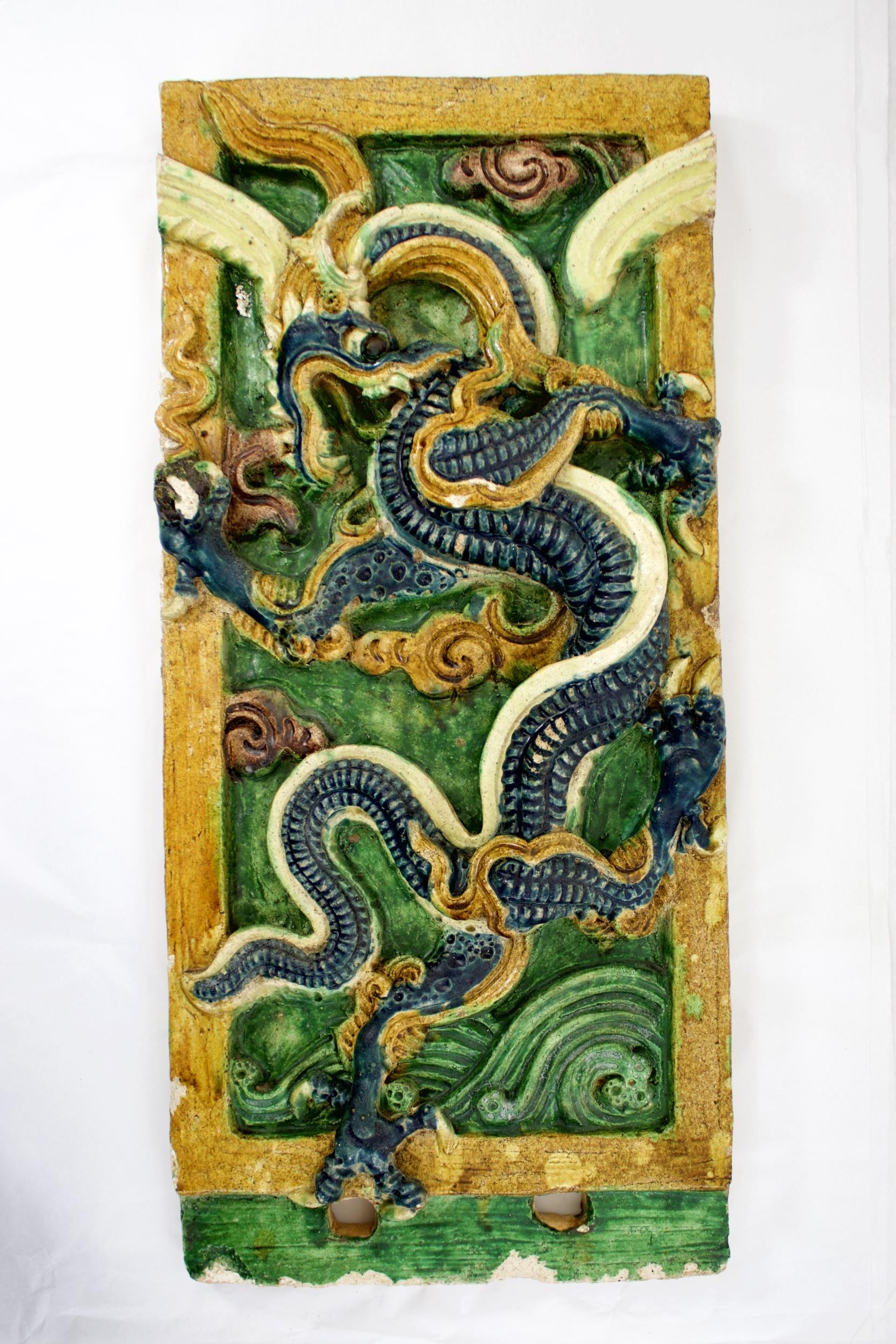 A blue, amber and green glazed Dragon Tile, Ming Dynasty - - L54.5cm W25.5cm - - of upright - Image 3 of 5