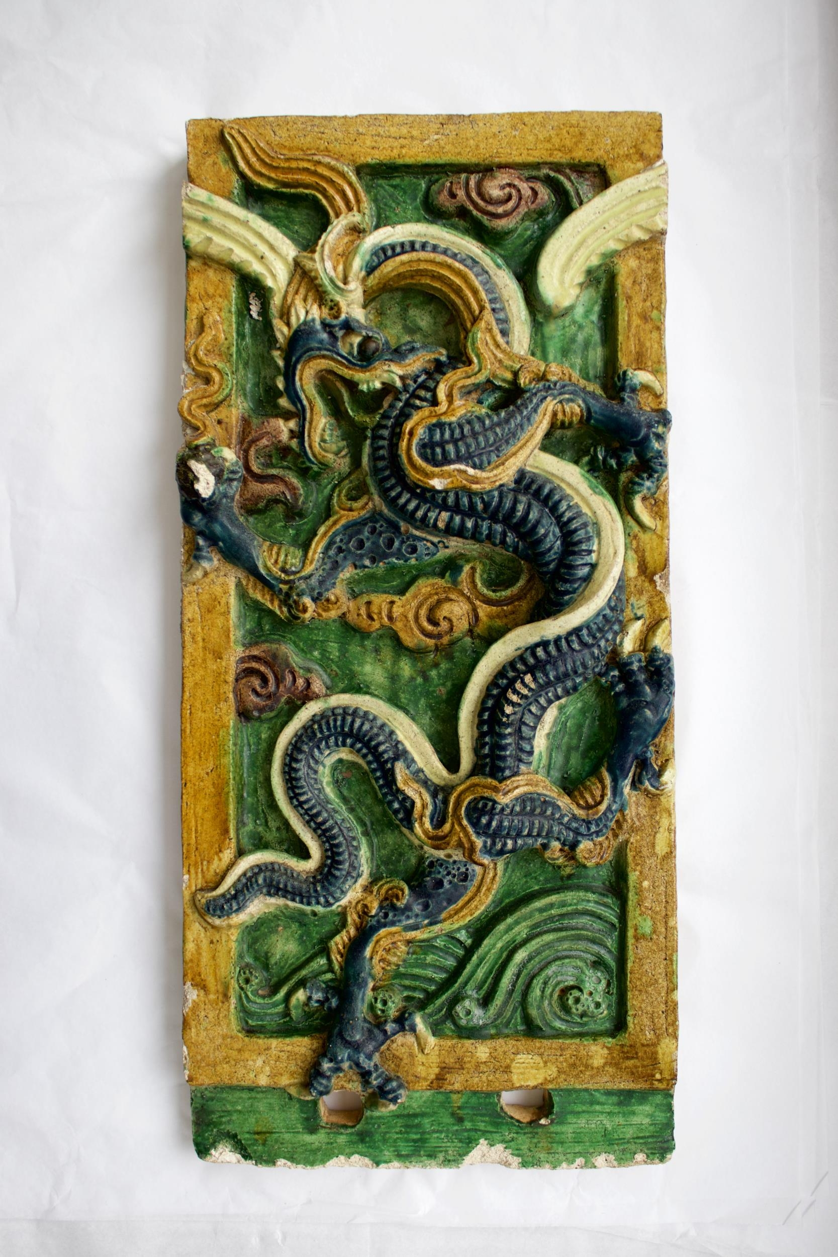 A blue, amber and green glazed Dragon Tile, Ming Dynasty - - L54.5cm W25.5cm - - of upright - Image 4 of 5