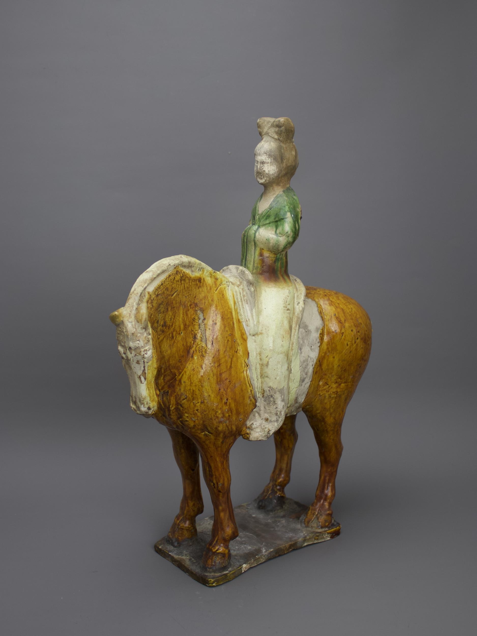A handsome sancai pottery Equestrienne Group, Tang Dynasty - - H41cm L34cm - - the lady wearing a - Image 4 of 9