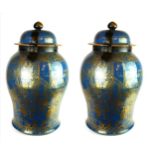 A Pair of Large Chinese Oriform Vases and Covers, 18th Century H61cm?each? Powder blue body, metal