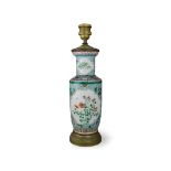 A 'Famille Verte' Rouleau Vase, Republic Period - - H overall42cm D12cm - - mounted as a lamp,
