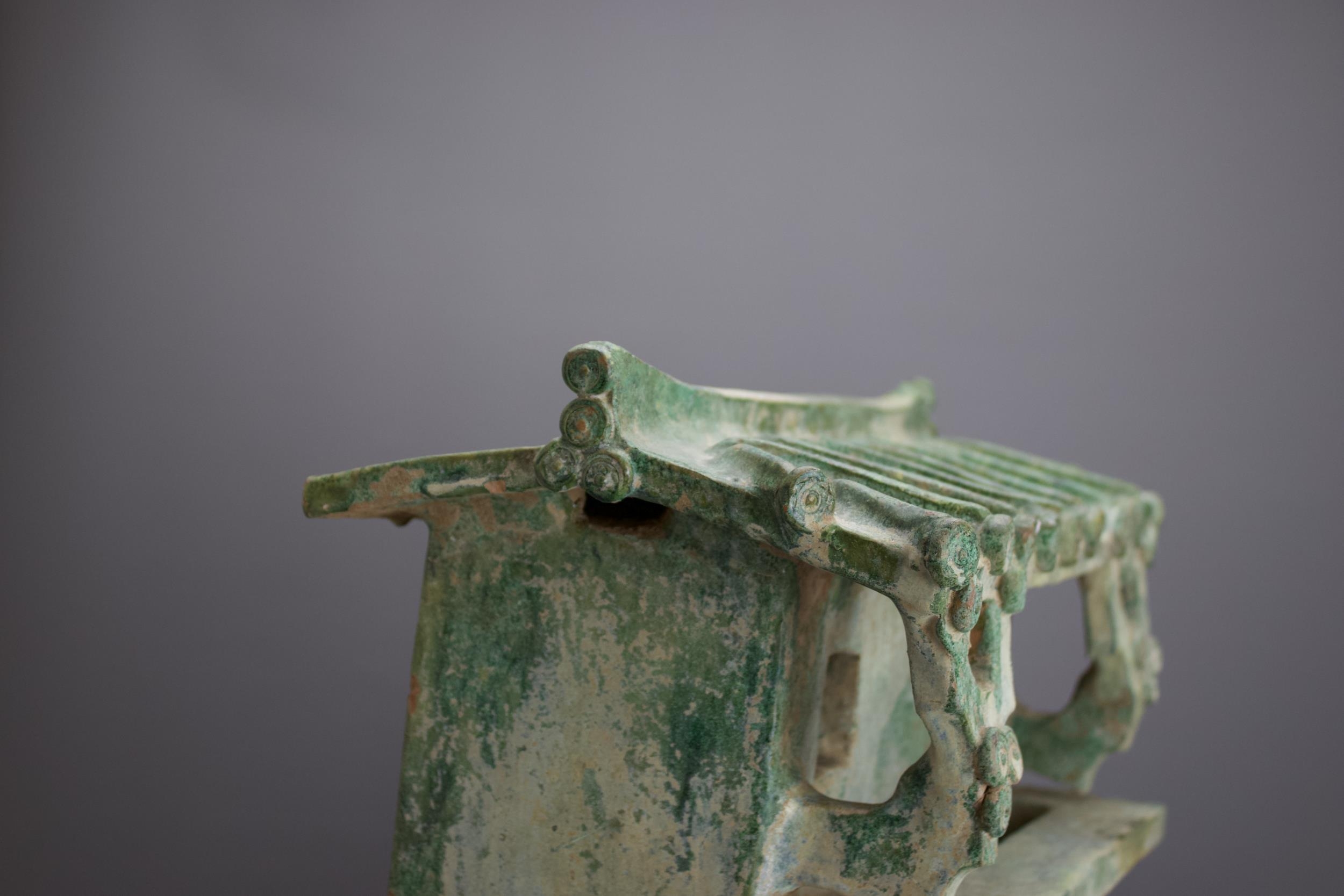 A rare green glazed pottery Watchtower, Han Dynasty - - H 46cm W 34cm D 21.5cm - - raised on four - Image 5 of 8