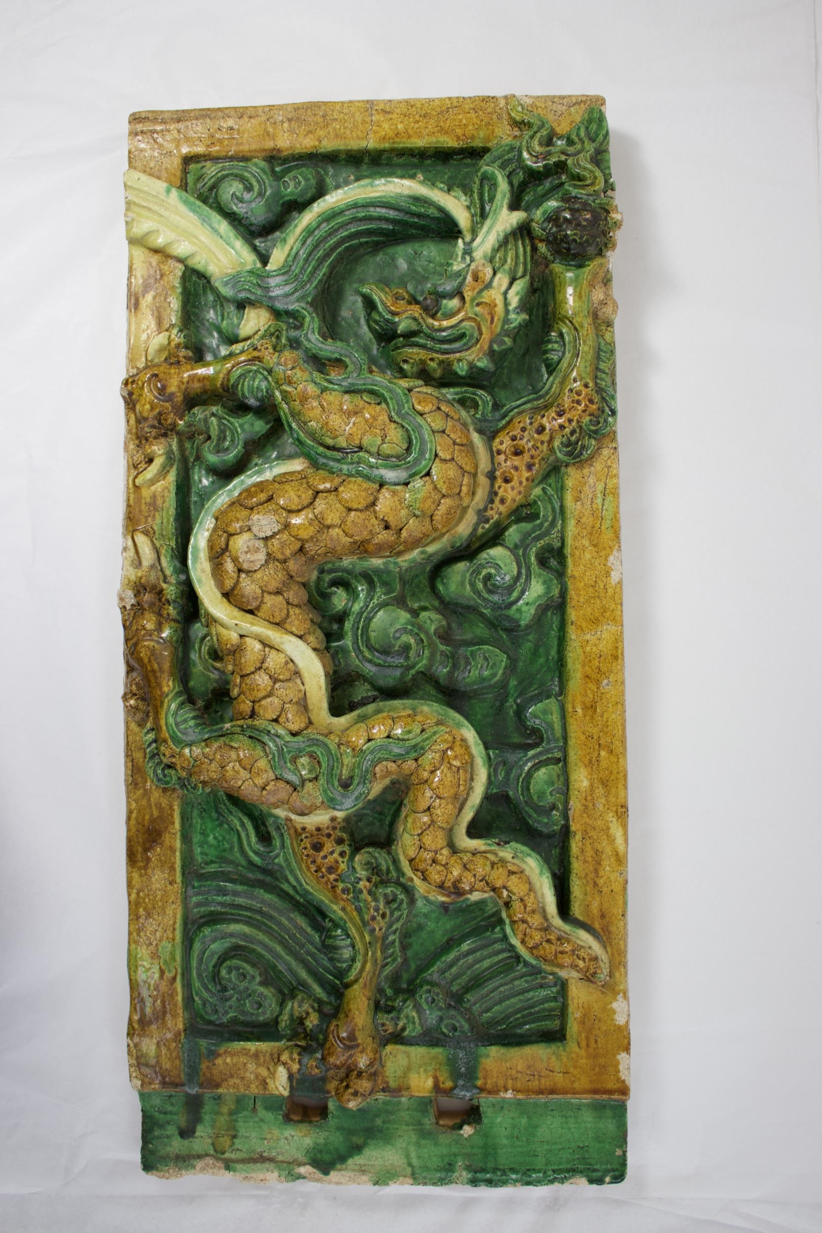A amber and green glazed Dragon Tile, Ming dynasty - - L54.5cm W25.5cm - - of upright rectangular - Image 2 of 5