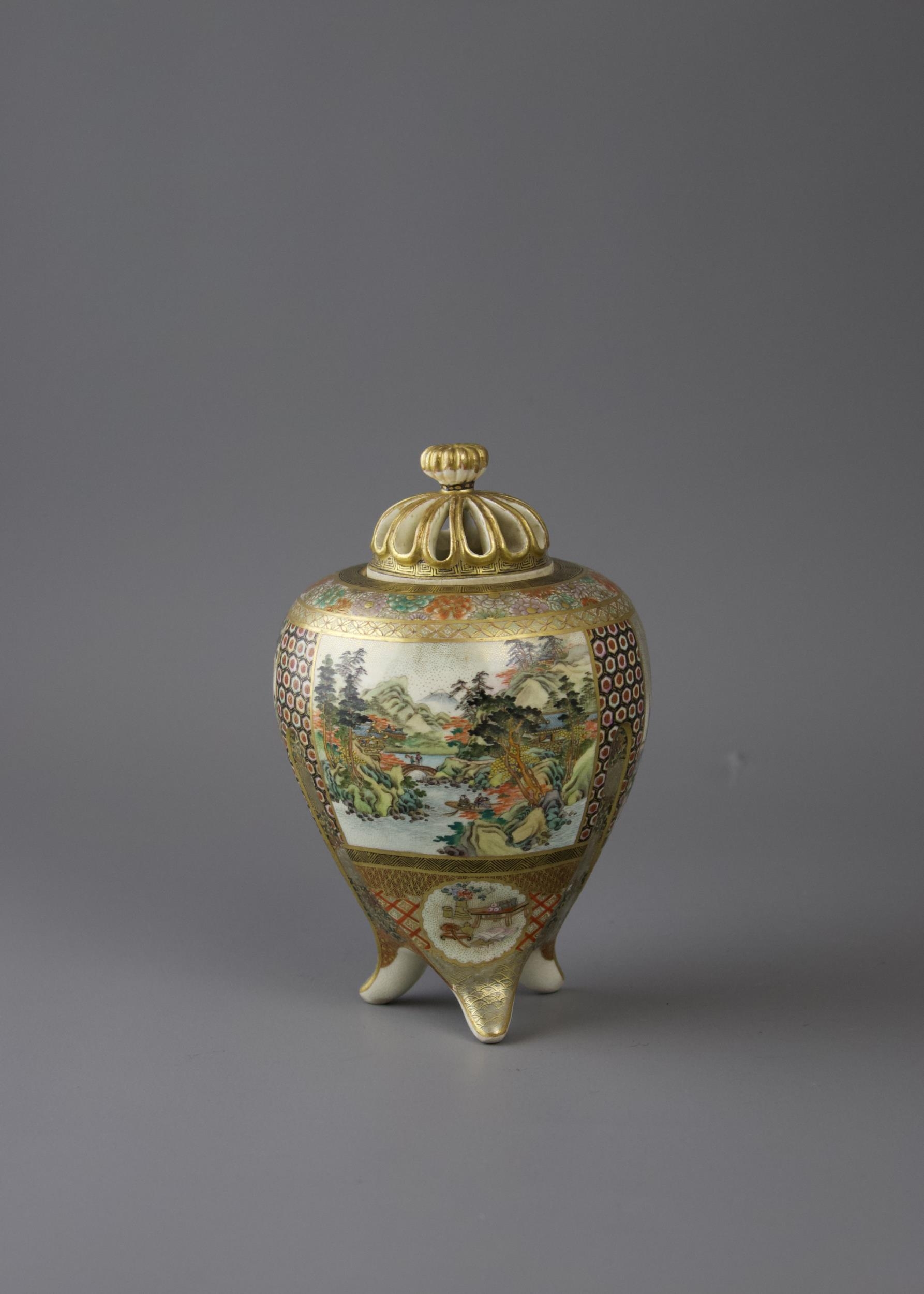 A finely painted Satsuma tripod Koro and Cover, Meiji period H14cm D9cm with three large - Image 3 of 8