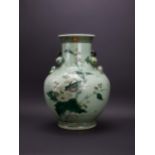 A Famille verte enamelled celadon Vase, six character mark of Kangxi, c.1900 - - H36.4cm D27 cm