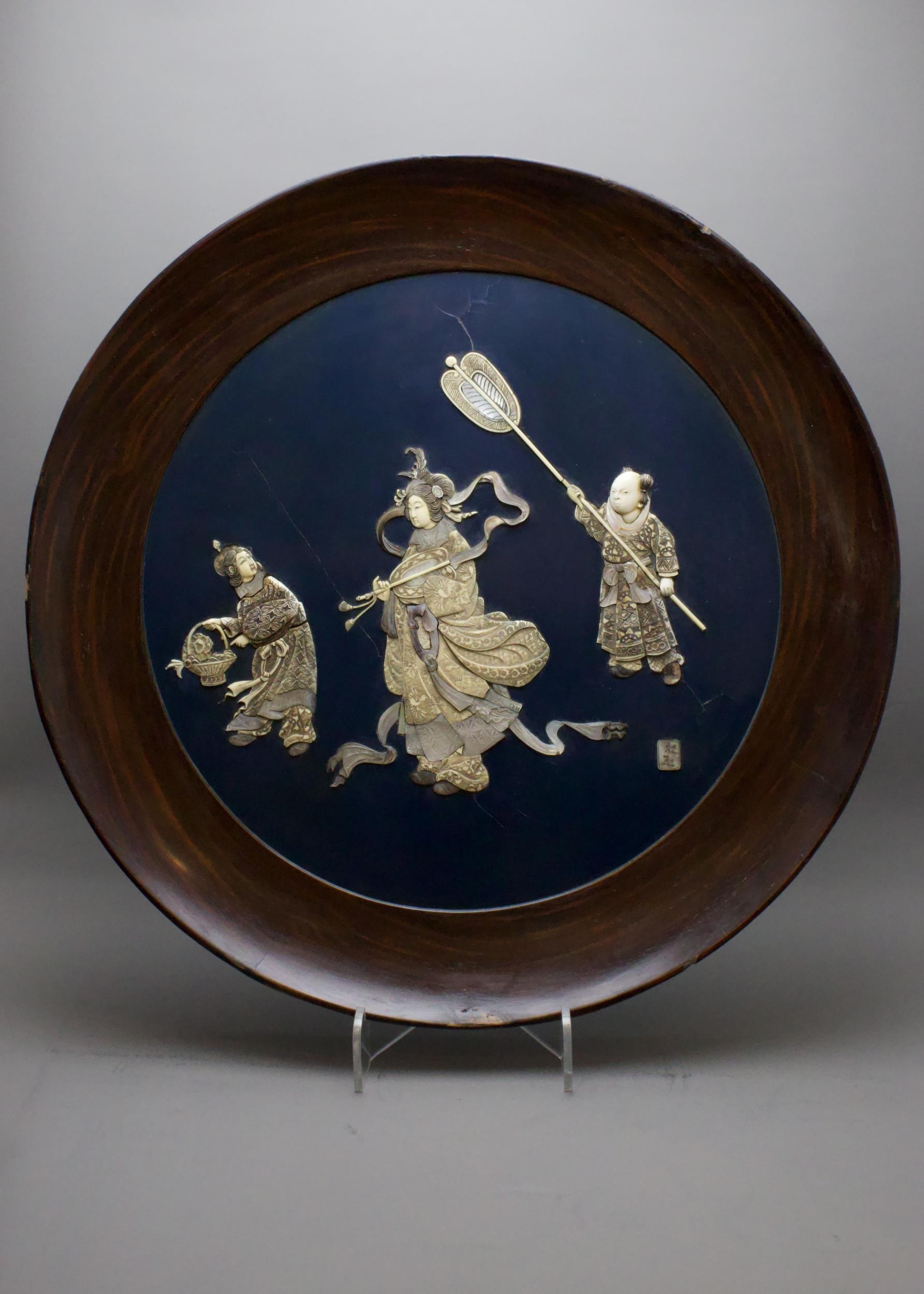 A large Japanese round plaque in lacquer inlaid with mother of pearl and ivory, Meiji period W54.5cm - Image 2 of 6