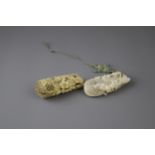 Two small pierced ivory double gourd pendant Pomanders, c 1800 L7.5cm W3cm H3.5cm each in two parts,