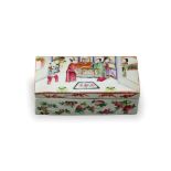 A Canton Famille Rose Figures' Rectangular box, c1900 - - L 19cm, H 7cm, W 9cm - - Decorated on