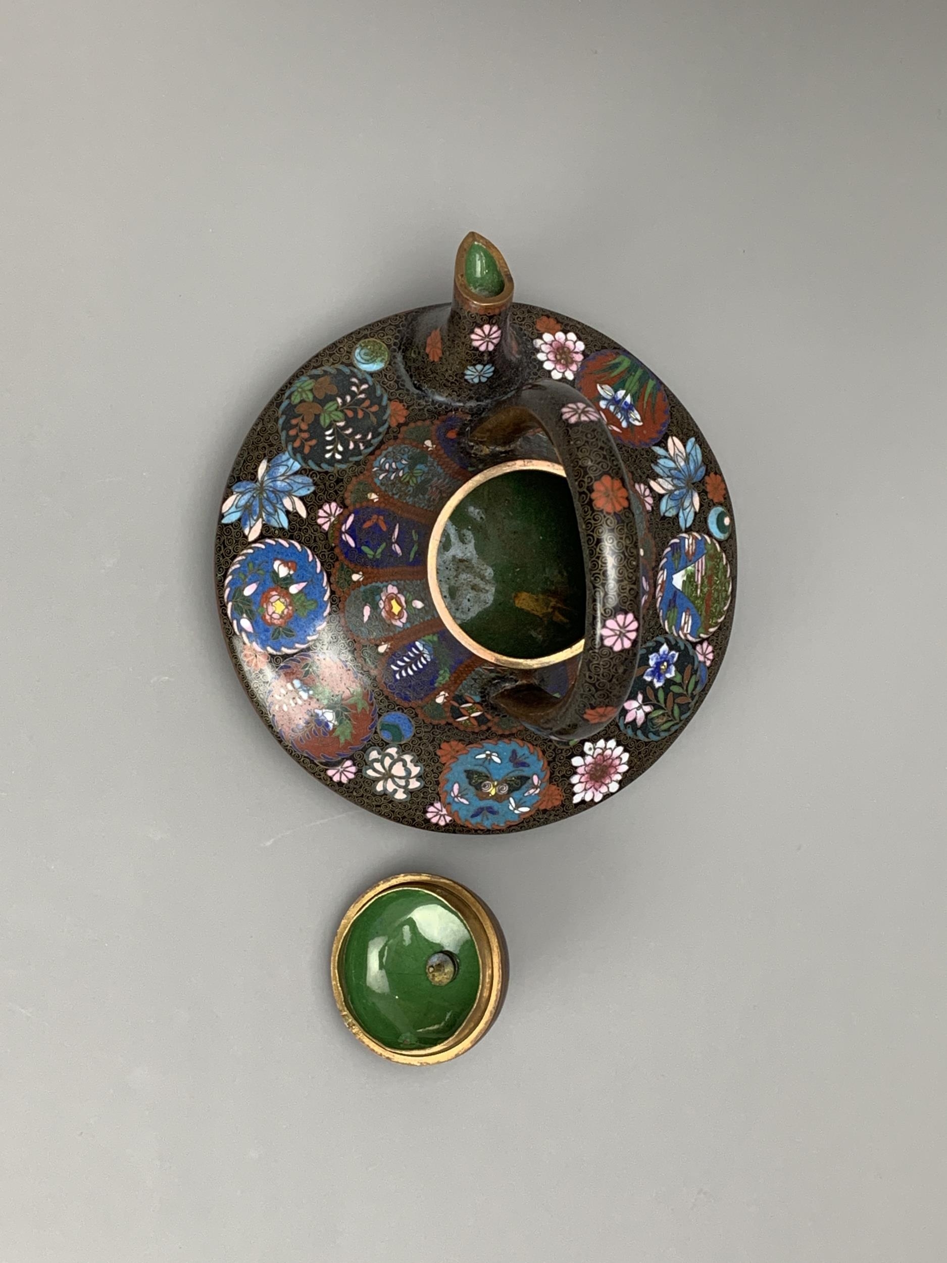 A Japanese cloisonne sake kettle and cover, Meiji period - - L16cm W15cm H15cm - - with overhead - Image 7 of 8