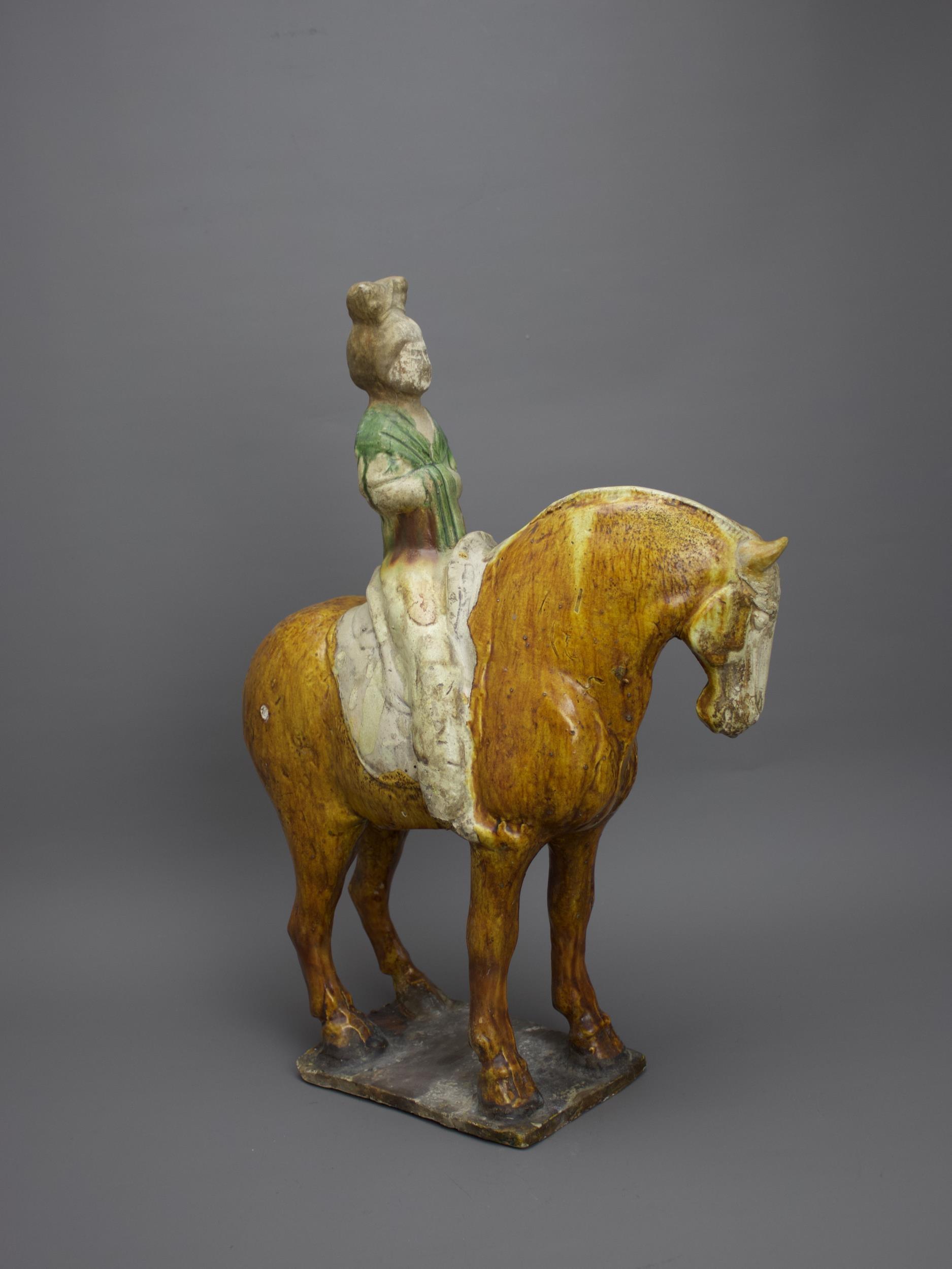 A handsome sancai pottery Equestrienne Group, Tang Dynasty - - H41cm L34cm - - the lady wearing a - Image 5 of 9