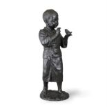 A fine Tokyo school style figure of a standing Boy feeding a bird, Meiji Period - - H48cm