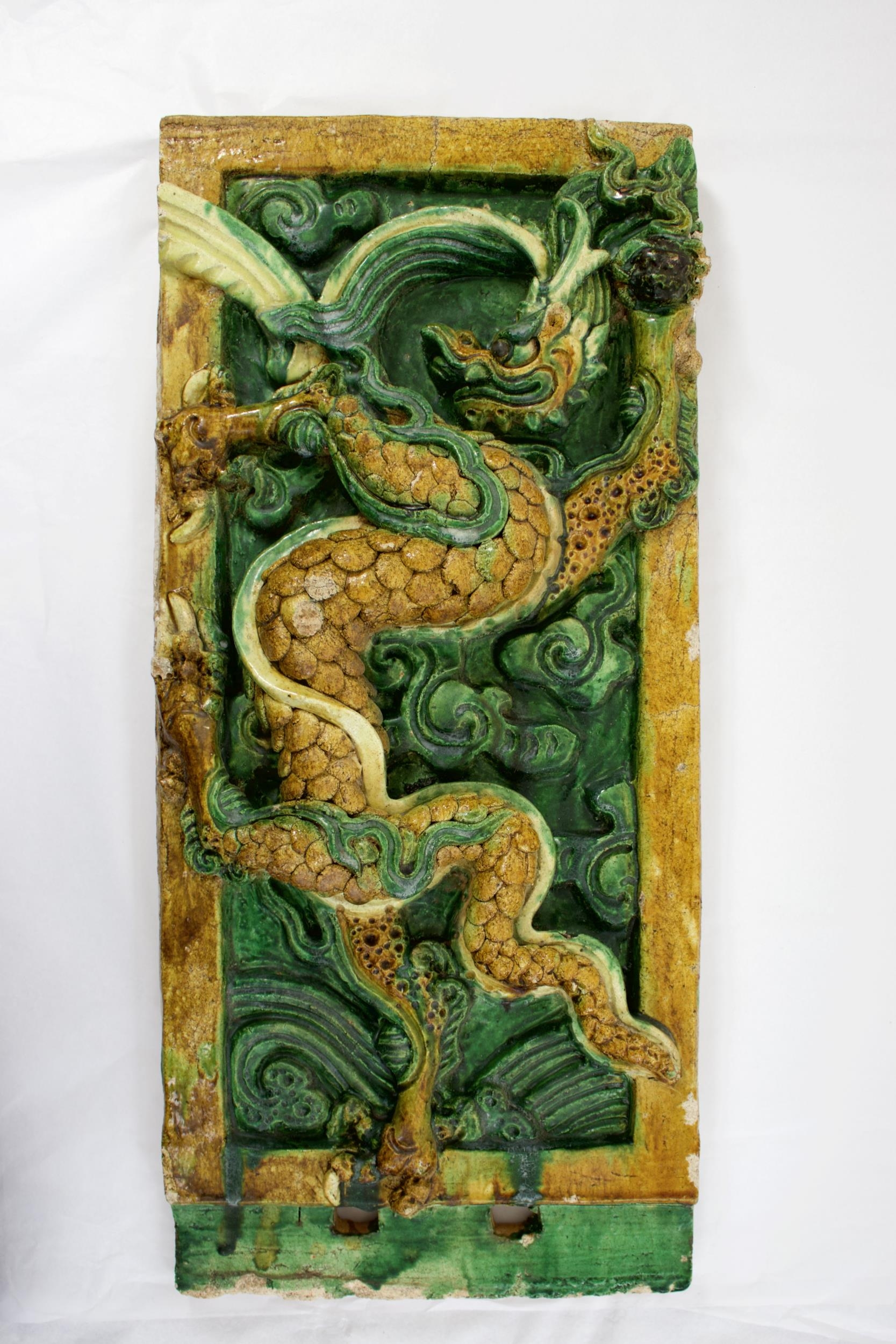 A amber and green glazed Dragon Tile, Ming dynasty - - L54.5cm W25.5cm - - of upright rectangular - Image 3 of 5