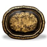 A large gilded black Lacquer Tray with gardens and pavilions, early 19th century L65cm W53cm