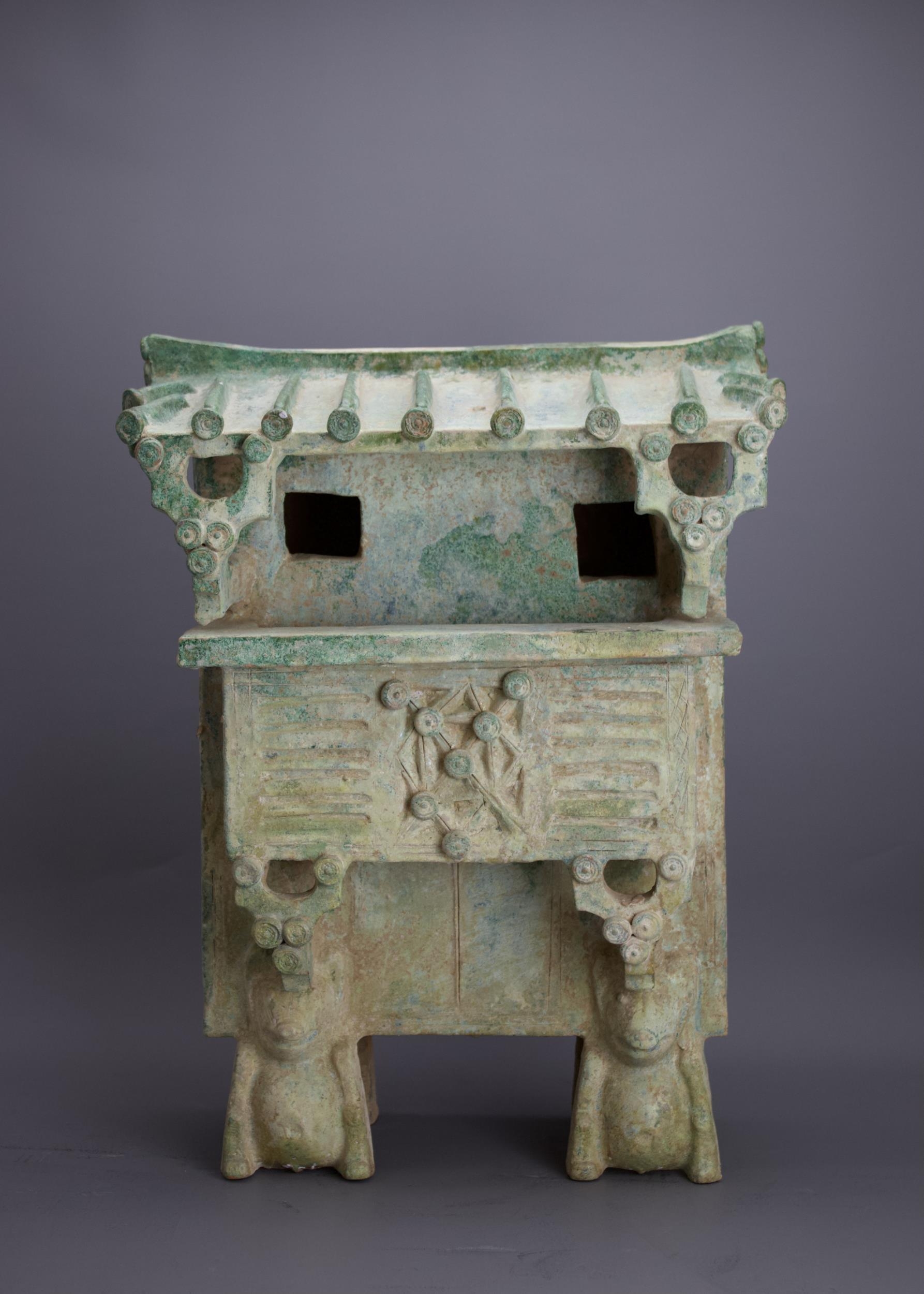 A rare green glazed pottery Watchtower, Han Dynasty - - H 46cm W 34cm D 21.5cm - - raised on four - Image 7 of 8