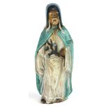 A CHINESE GLAZED TERRACOTTA FIGURE OF AN ELDER, Standing pose with duck egg blue glaze to robes. -