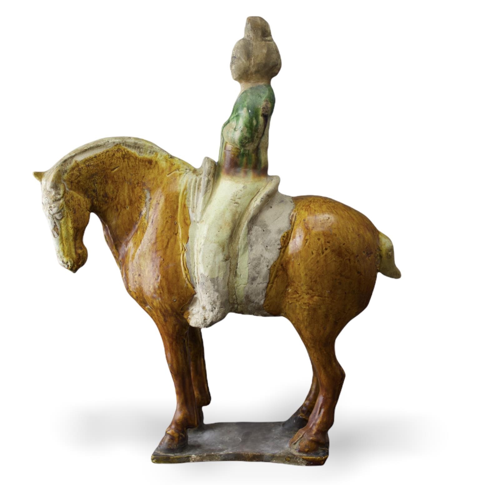 A handsome sancai pottery Equestrienne Group, Tang Dynasty - - H41cm L34cm - - the lady wearing a