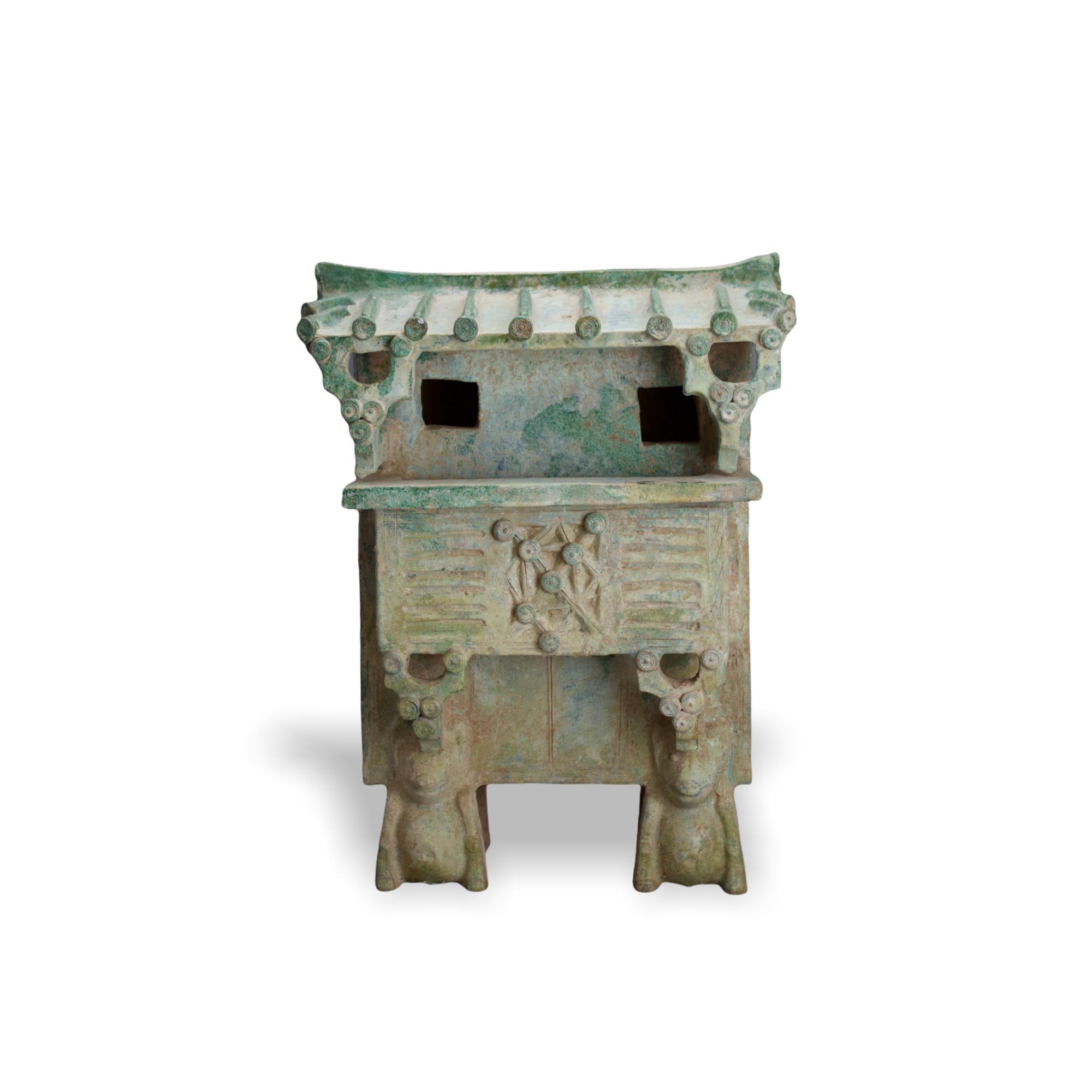 A rare green glazed pottery Watchtower, Han Dynasty - - H 46cm W 34cm D 21.5cm - - raised on four - Image 2 of 8