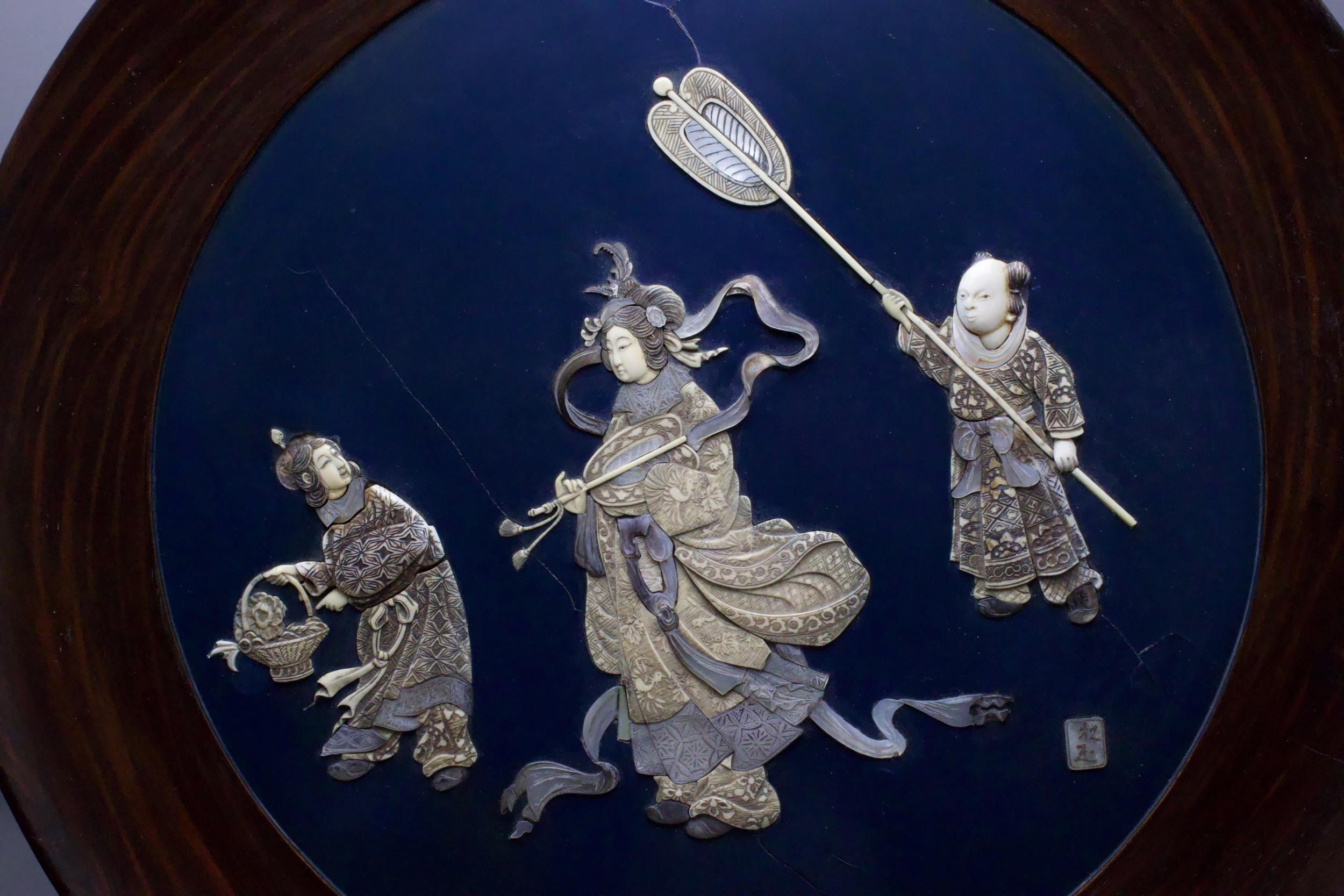 A large Japanese round plaque in lacquer inlaid with mother of pearl and ivory, Meiji period W54.5cm - Image 5 of 6