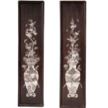 A Pair of Wooden Panels, Early 20th Century L62.5cm W15.7cm Inlaid in mother of pearl with vases