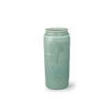 A Longquan Celadon Sleeve Vase, late Ming Dynasty - - H19cm D9cm - - the cylindrical sides carved