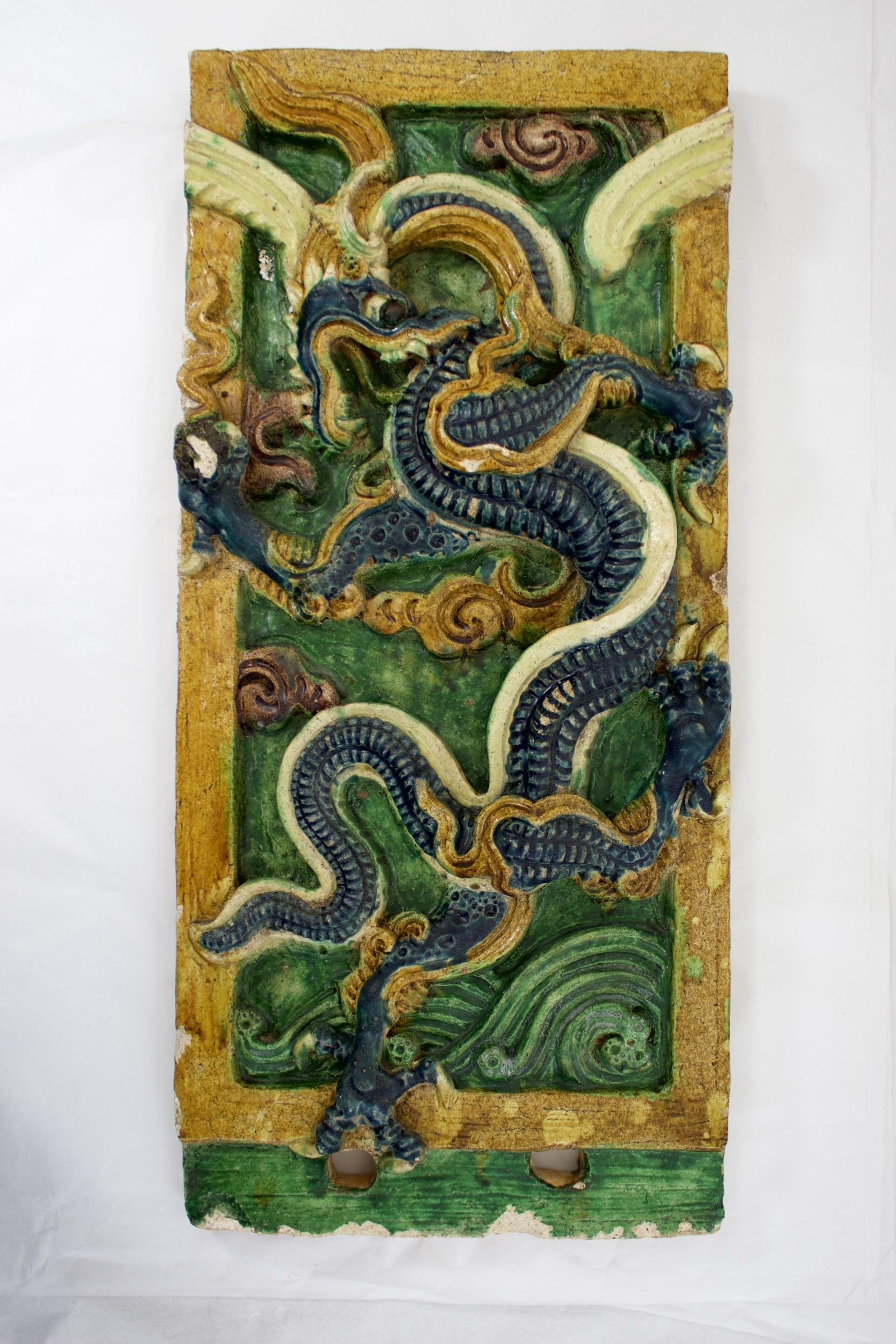 A blue, amber and green glazed Dragon Tile, Ming Dynasty - - L54.5cm W25.5cm - - of upright - Image 2 of 5