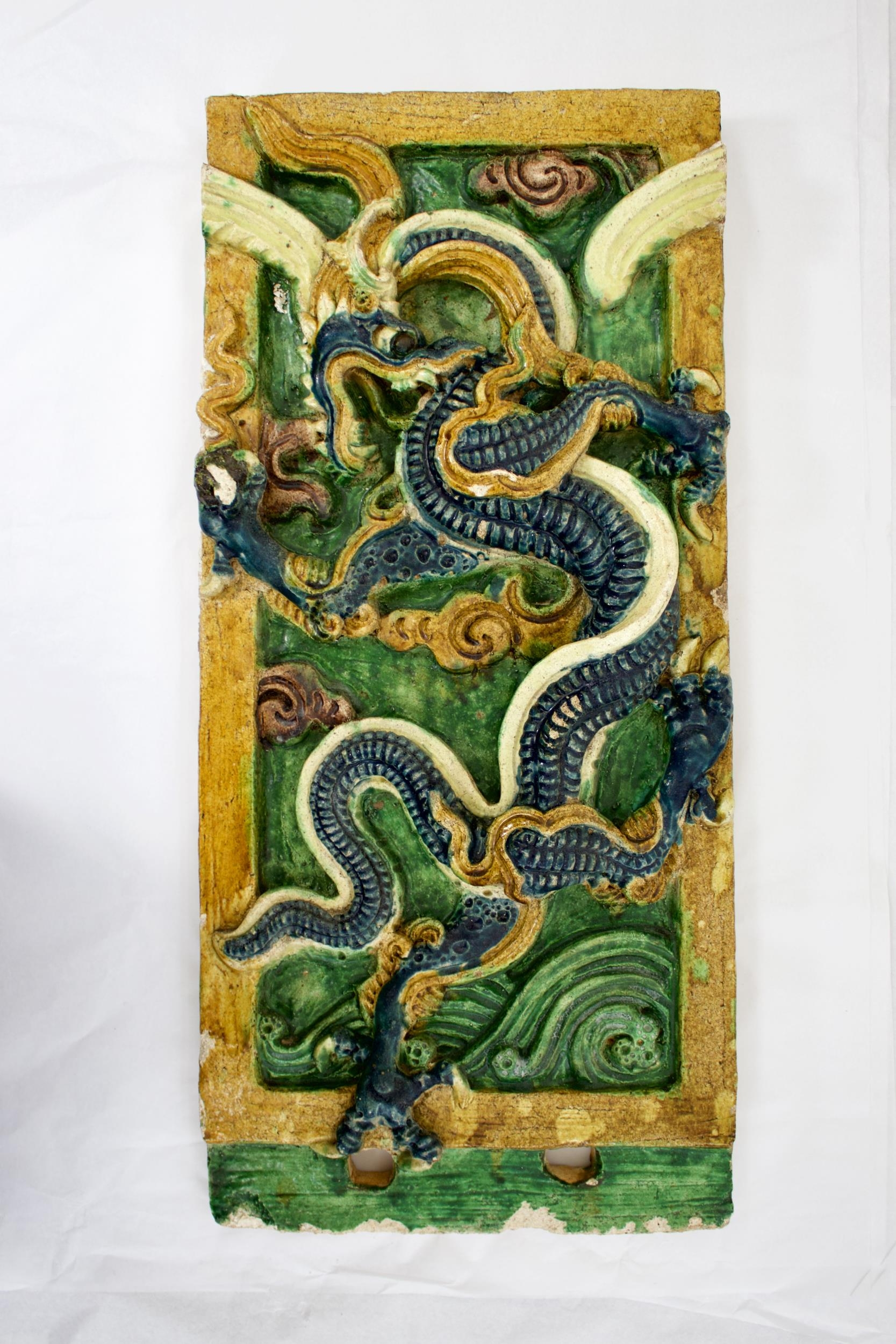 A blue, amber and green glazed Dragon Tile, Ming Dynasty - - L54.5cm W25.5cm - - of upright - Image 5 of 5