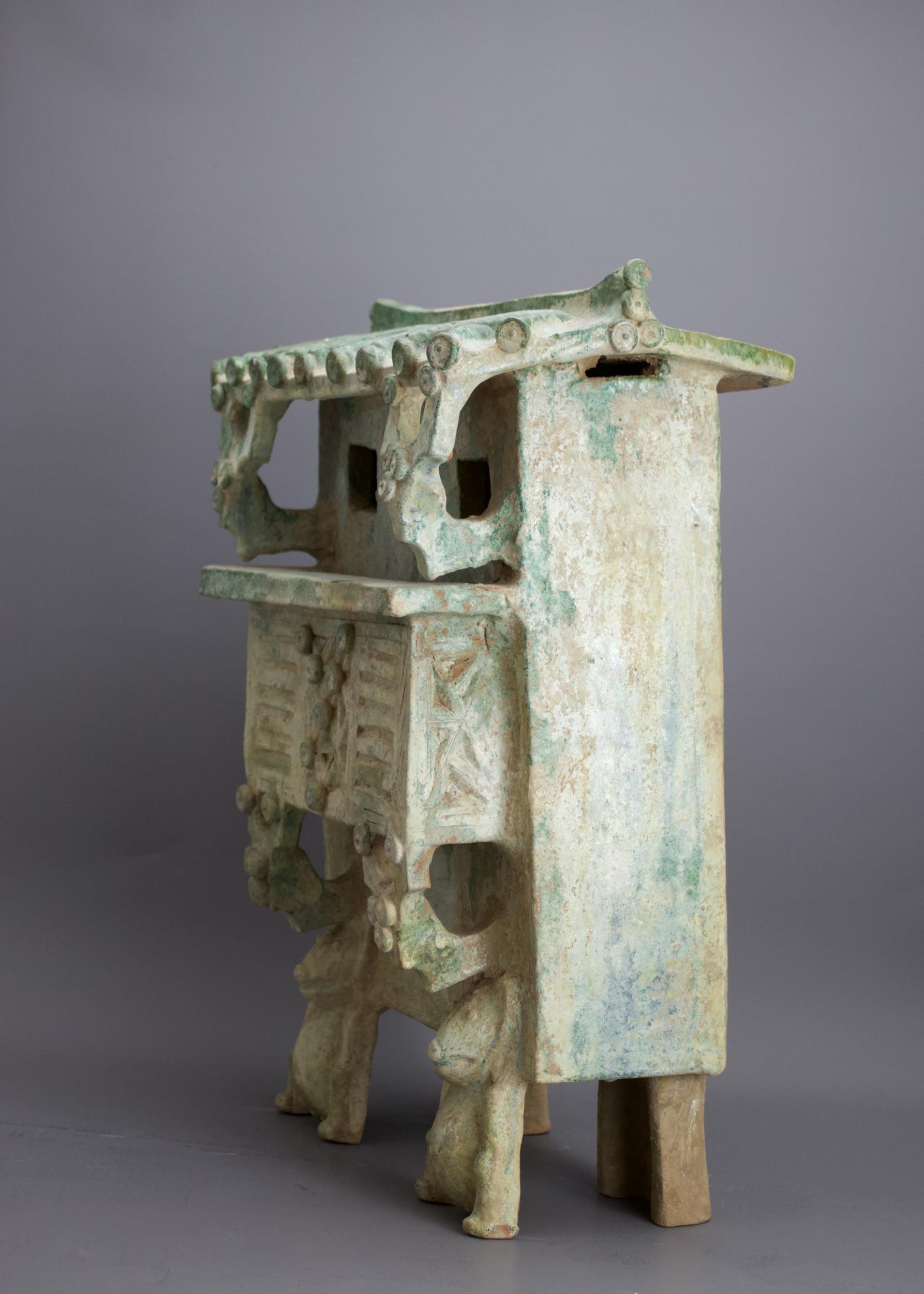 A rare green glazed pottery Watchtower, Han Dynasty - - H 46cm W 34cm D 21.5cm - - raised on four - Image 8 of 8