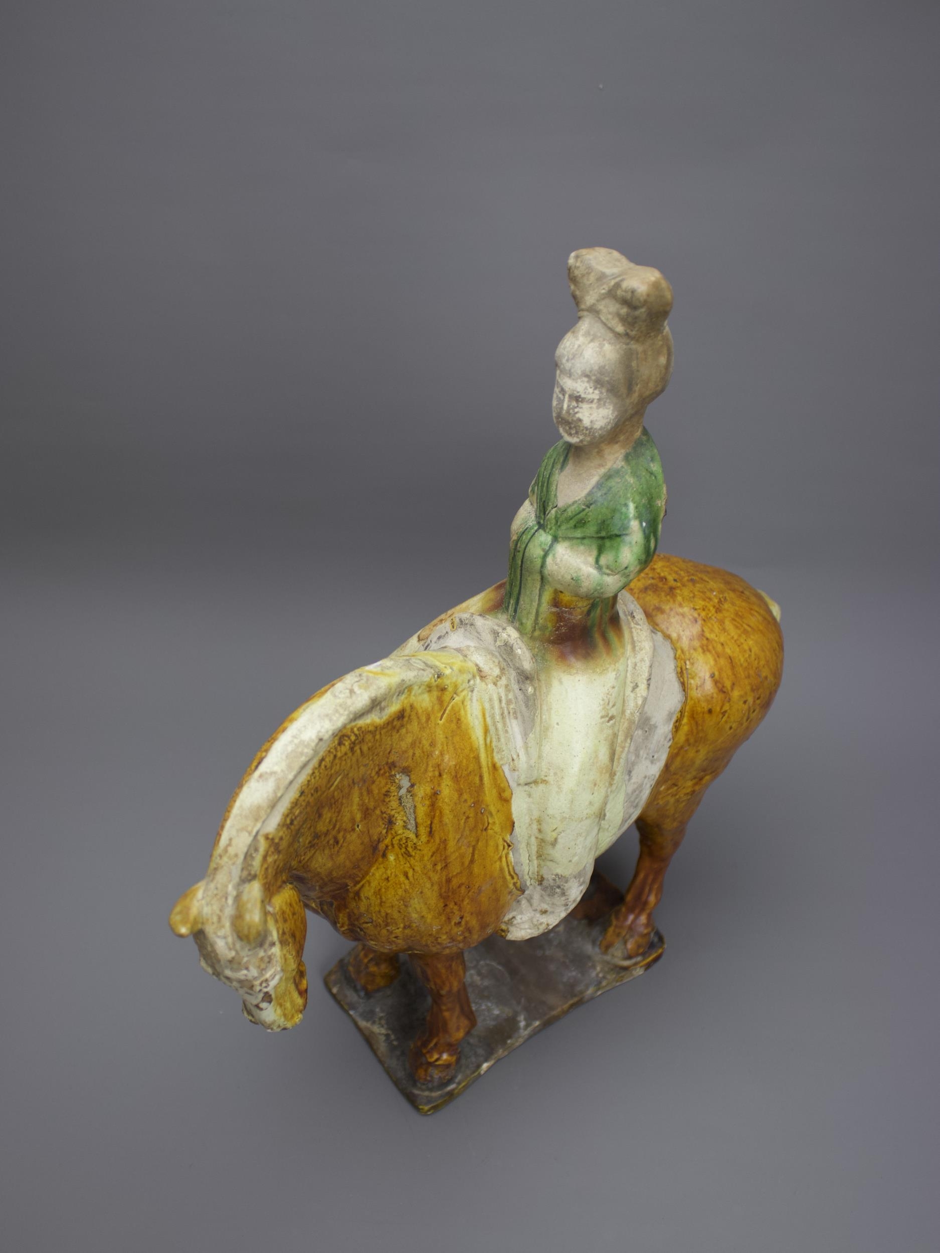 A handsome sancai pottery Equestrienne Group, Tang Dynasty - - H41cm L34cm - - the lady wearing a - Image 6 of 9