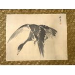 An album leaf painting of a goose in flight, ink on paper, signed Ren Zhang and with one seal