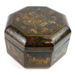 A 19TH CENTURY CHINESE LAQUERED OCTAGANAL BOX, with gilt chinoiserie decoration of a figural
