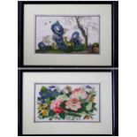 Two Fine ' Rice Paper' Paintings, C 1860 frame approx. W 45cm, H 32cm One With A Pair Of Deer Beside