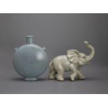 A ge type figure of a baby elephant and a ge type moonflask, Republic period H 20cm L 23cm (