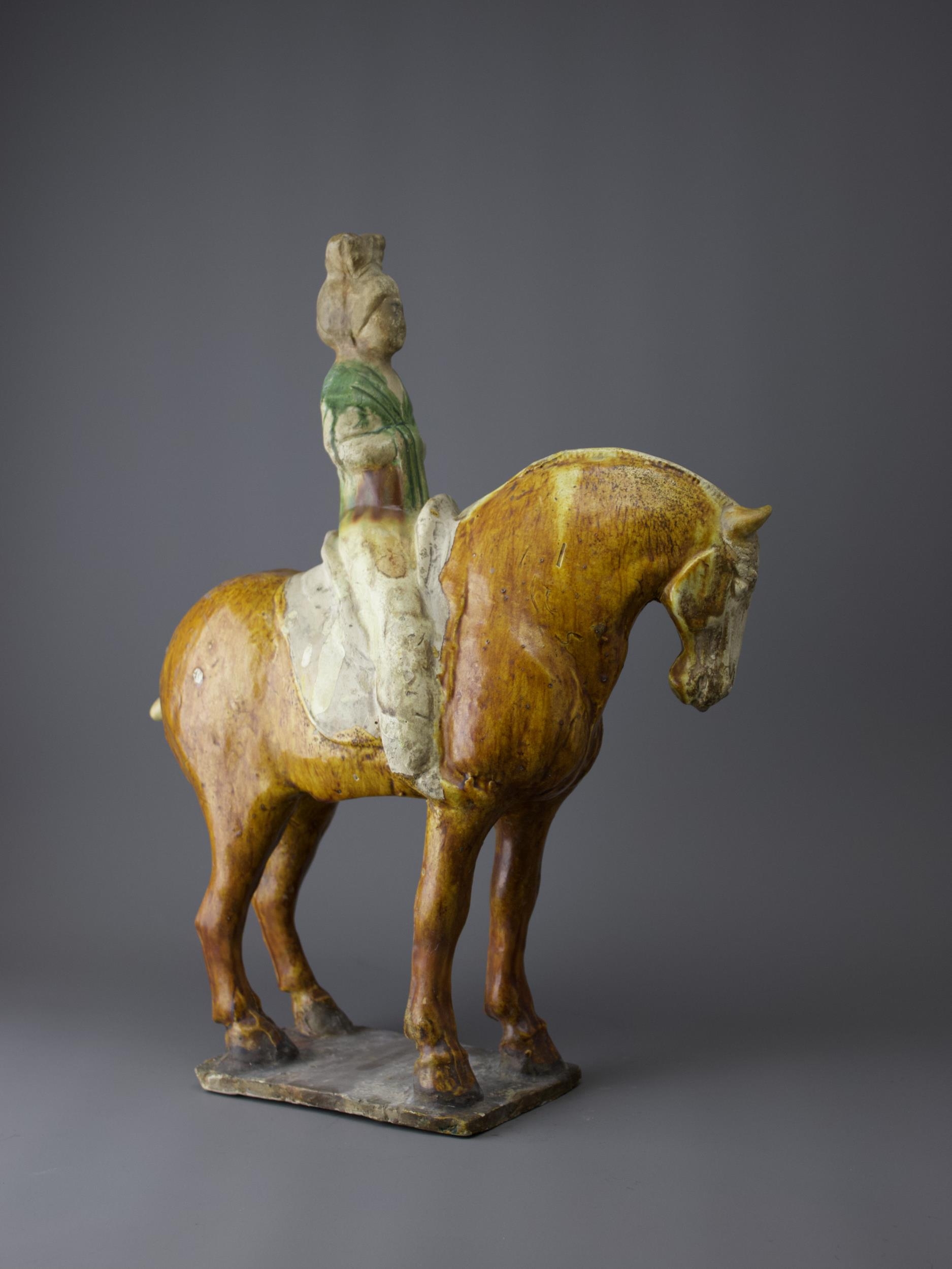 A handsome sancai pottery Equestrienne Group, Tang Dynasty - - H41cm L34cm - - the lady wearing a - Image 2 of 9