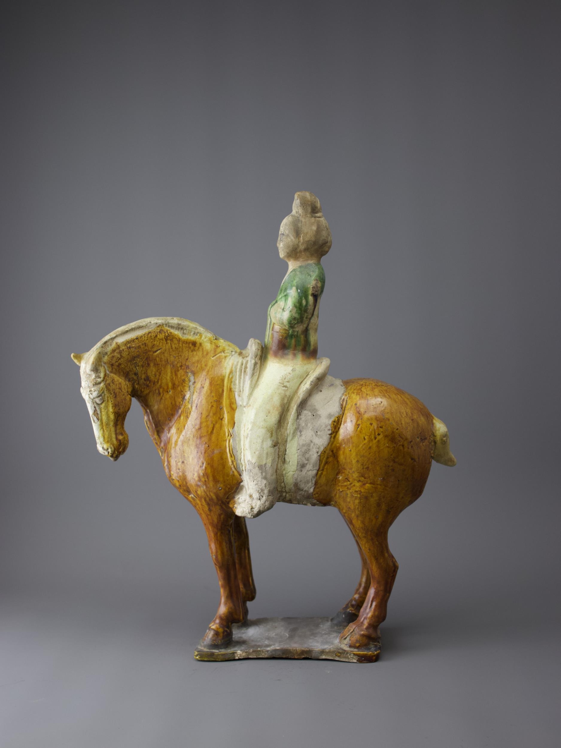 A handsome sancai pottery Equestrienne Group, Tang Dynasty - - H41cm L34cm - - the lady wearing a - Image 3 of 9