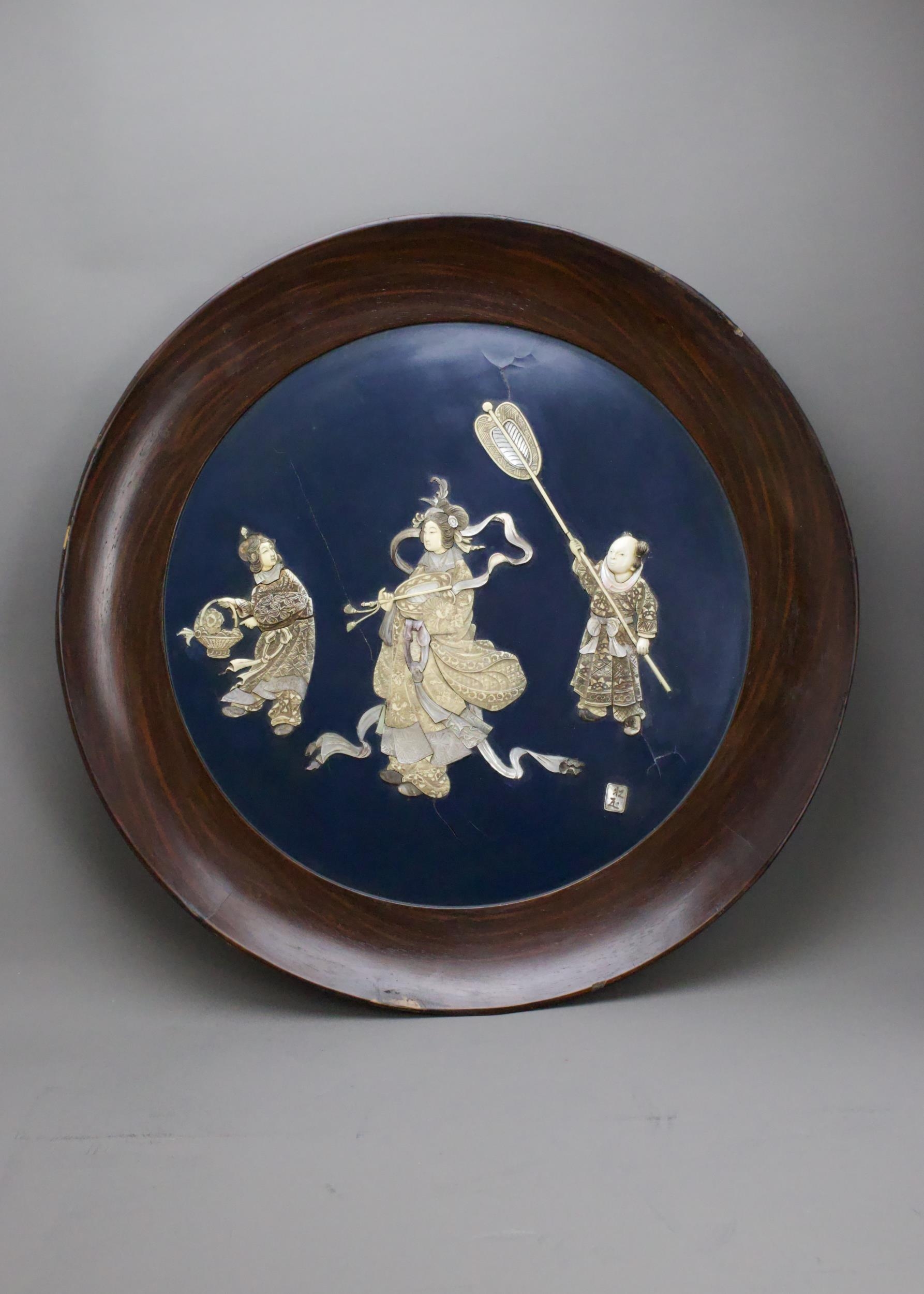 A large Japanese round plaque in lacquer inlaid with mother of pearl and ivory, Meiji period W54.5cm - Image 3 of 6