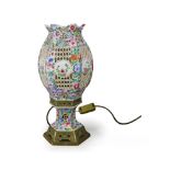 An attractive pierced 'famille rose' Lantern and Stand, early 20th century - - H35.5cm L17cm - -