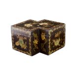 A Painted Black Lacquer Tea Caddy and Cover, decorated with mallow flowers, matching pewter tea