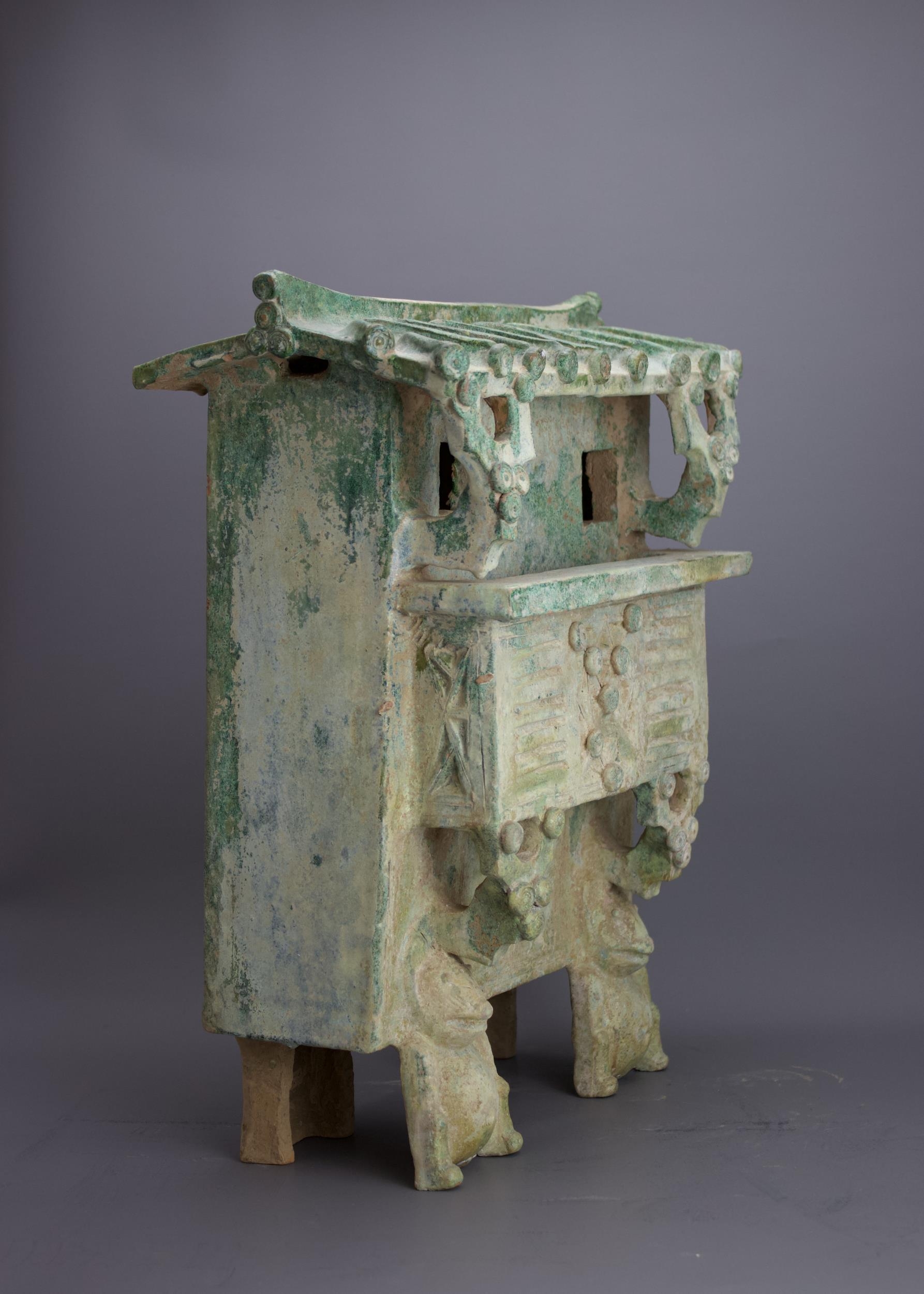 A rare green glazed pottery Watchtower, Han Dynasty - - H 46cm W 34cm D 21.5cm - - raised on four - Image 6 of 8