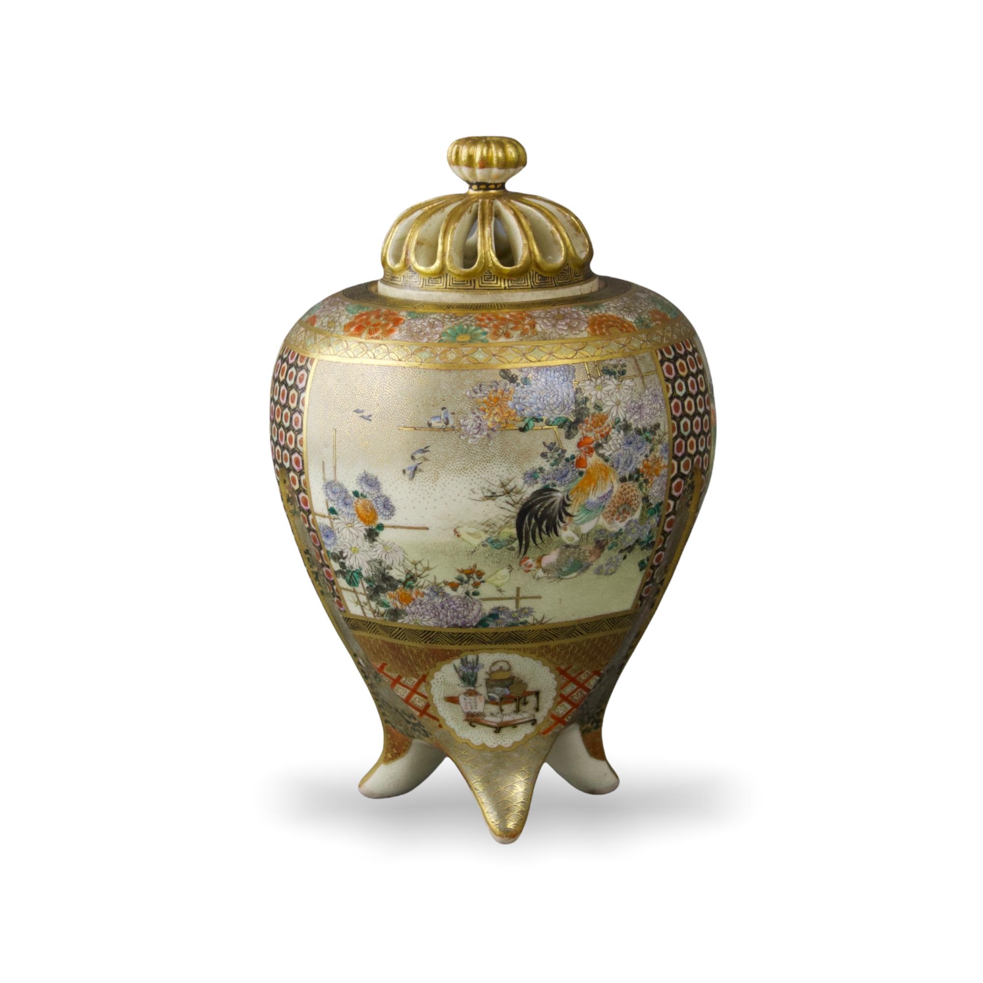 A finely painted Satsuma tripod Koro and Cover, Meiji period H14cm D9cm with three large