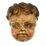 AFTER RENAISSANCE PERIOD, A 17TH/18TH CENTURY CARVED PINE AND POLYCHROME PAINTED CHERUB MASK FACE (