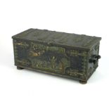 AN EARLY 20TH CENTURY DANISH CAST BRONZE CASKET IN MEDIEVAL MANNER Embossed to front with Medieval