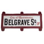 A REPRODUCTION CERAMIC STREET SIGN, Belgrave Square. 93 x 47cm Condition good