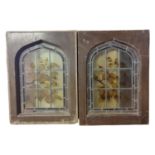 A PAIR OF VICTORIAN STAINED GLASS WINDOWS Decorated with plum trees, in Gothic pointed arched