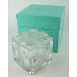 TIFFANY AND CO, A 20TH CENTURY FROSTED GLASS TRINKET BOX, cube form with frosted glass ribbon.