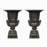 A PAIR OF IMPRESSIVE RENAISSANCE STYLE BRONZE PEDESTAL CAMPANA FORM TWIN HANDLED VASES Cast with