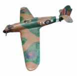 A LARGE VINTAGE WOODEN MODEL, WWII HURRICANE FIGHTER. (length 140cm x w 170cm)